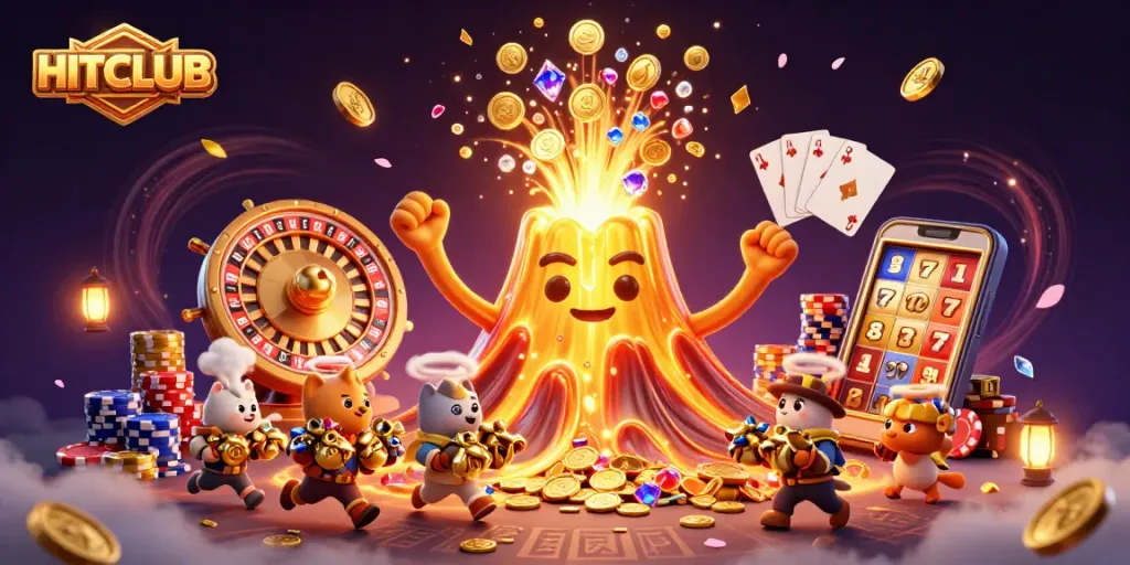 HITCLUB showcases an enchanting 3D scene with dynamic casino themes and treasure elements.