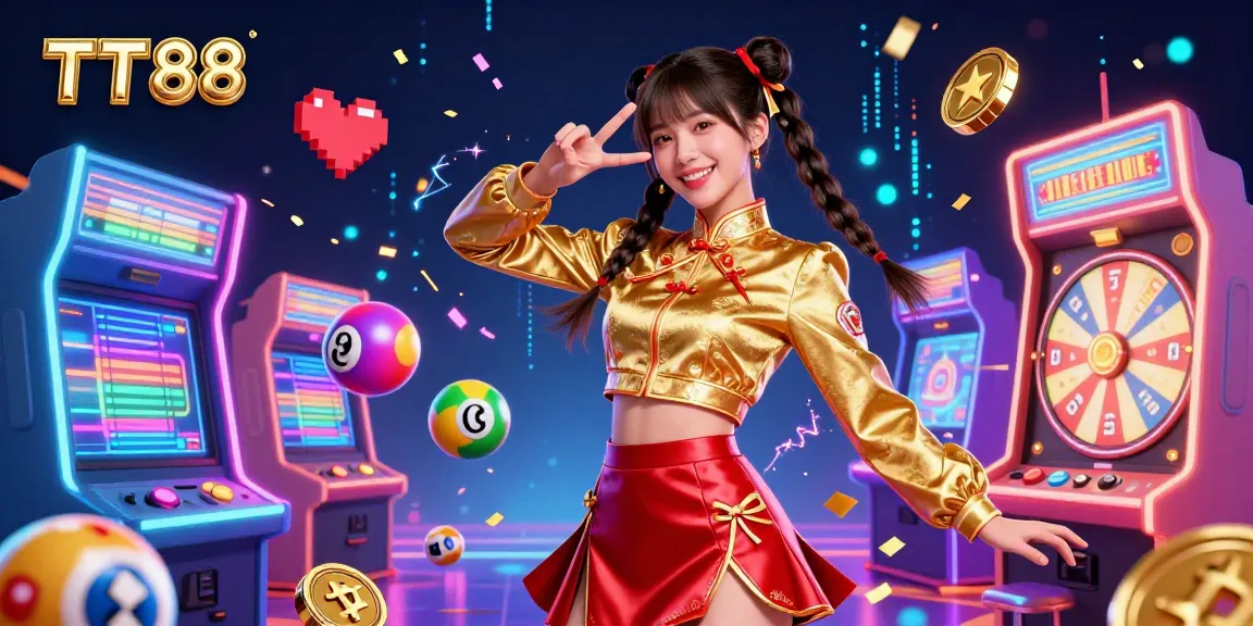 TT88 gaming scene with a smiling Asian woman and lottery balls celebrating wins.