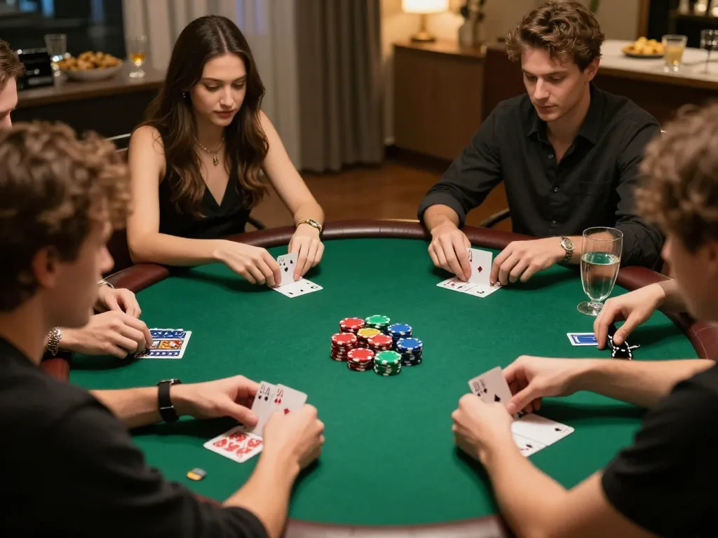 Friends enjoying a strategic home poker night at tg 88 with vibrant chips and cards on the table.