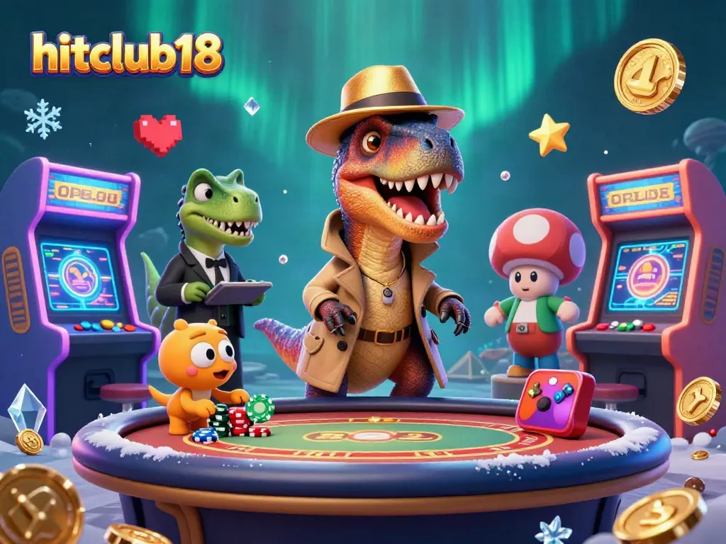 hitclub18's velociraptor card counter plays blackjack while a stegosaurus pit boss observes in a dynamic casino scene