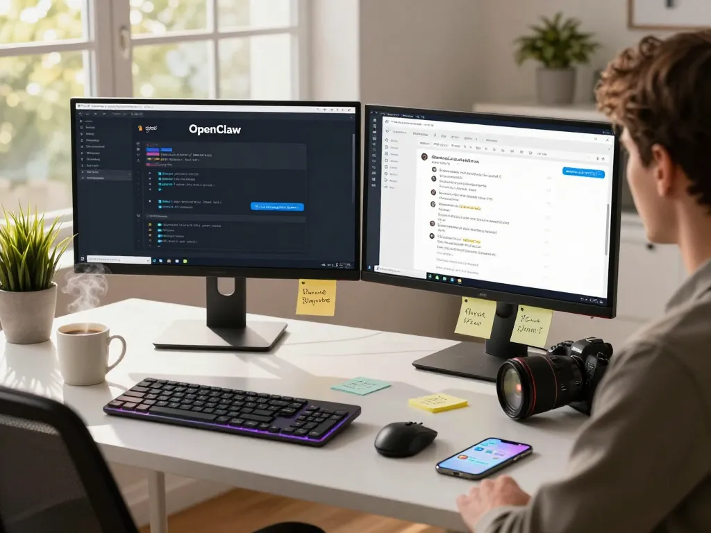 Clawbot AI assistant interface on dual monitors in a modern home office setting.