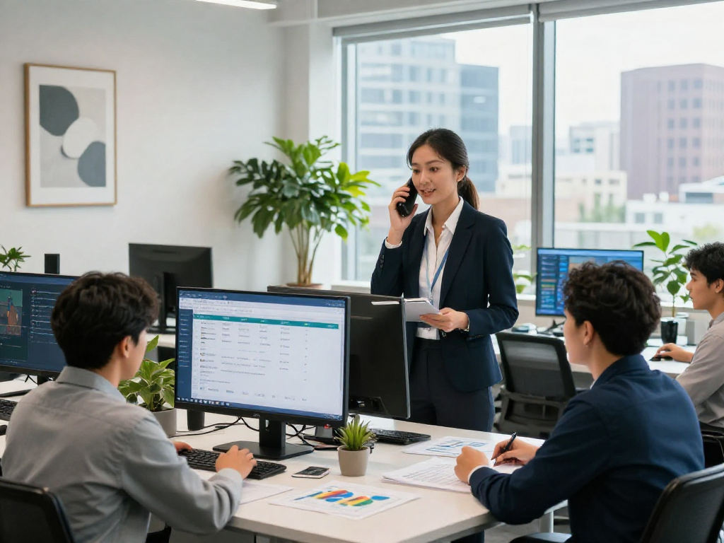 Property management fees discussion with professionals in a modern real estate office setting.