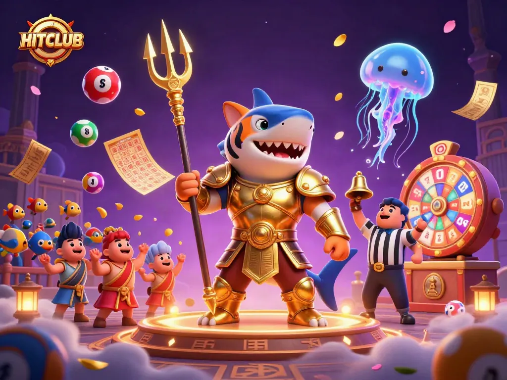 HITCLUB reveals a thrilling underwater gambling scene with a tiger shark in gladiator armor.