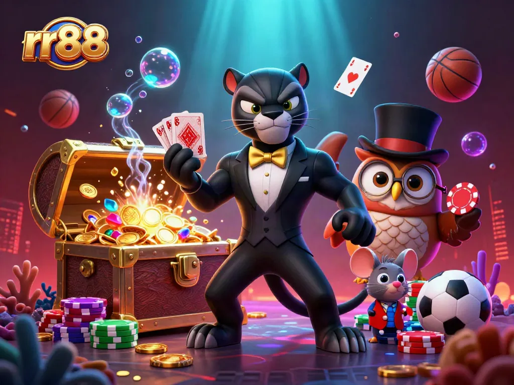 Experience thrilling action at rr88 with a charming casino scene featuring a stylish panther dealer and whimsical characters.