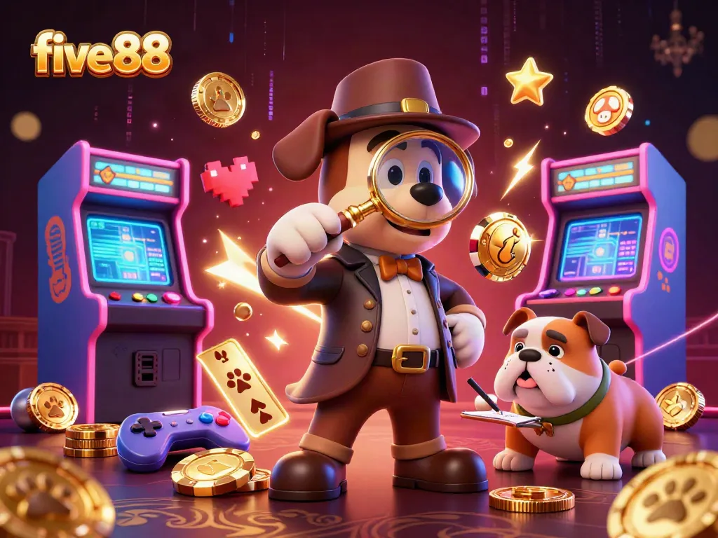Experience the excitement of five88, where our detective duo examines poker clues amid vibrant casino game elements.