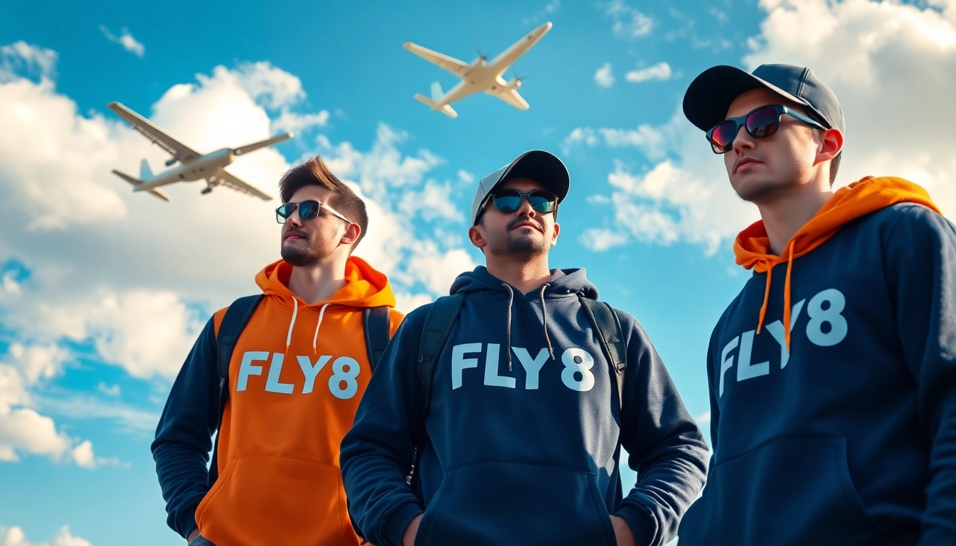 FLY88 aviation-inspired apparel showcased against a vibrant sky with flying elements.