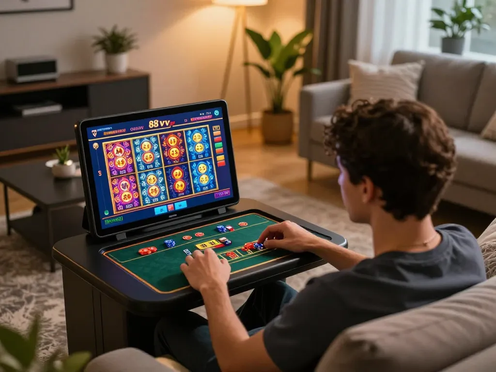 Engaging online gambling gameplay with 88 vv interface on tablet in cozy living room setting.