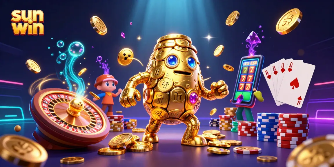 Experience big wins at Sun Win with a golden golem and glamorous casino elements in a vibrant, engaging scene.