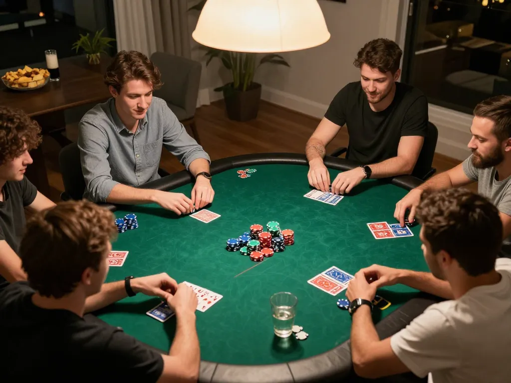 Players at a poker table enjoying a fun game night, showcasing mn88's vibrant atmosphere.