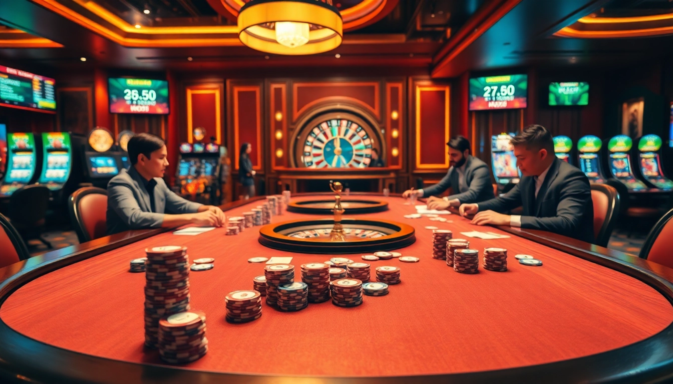 Players strategizing at a poker table with colorful chips at https://tylebongdatructuyen.org/ showcasing live betting action.