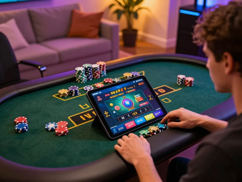 Engaged player enjoying live dealer games on NK88 platform during cozy home gaming session
