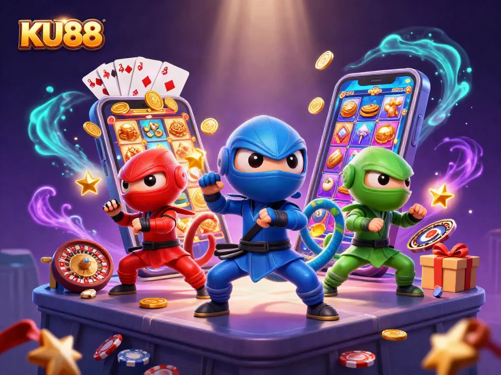 KU88 showcases a dynamic chameleon trio on a rooftop, surrounded by vibrant casino elements.