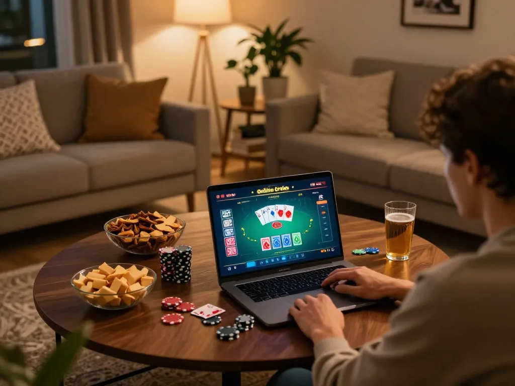 Player enjoying an online poker game on 678vip, cozy home setting with snacks and warm lighting.