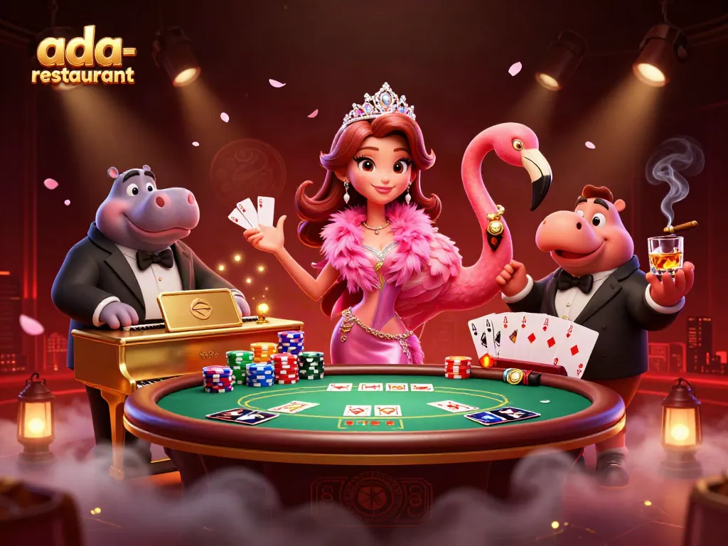 Experience the vibrant ambiance of ada-restaurant with lively casino characters and poker elements.