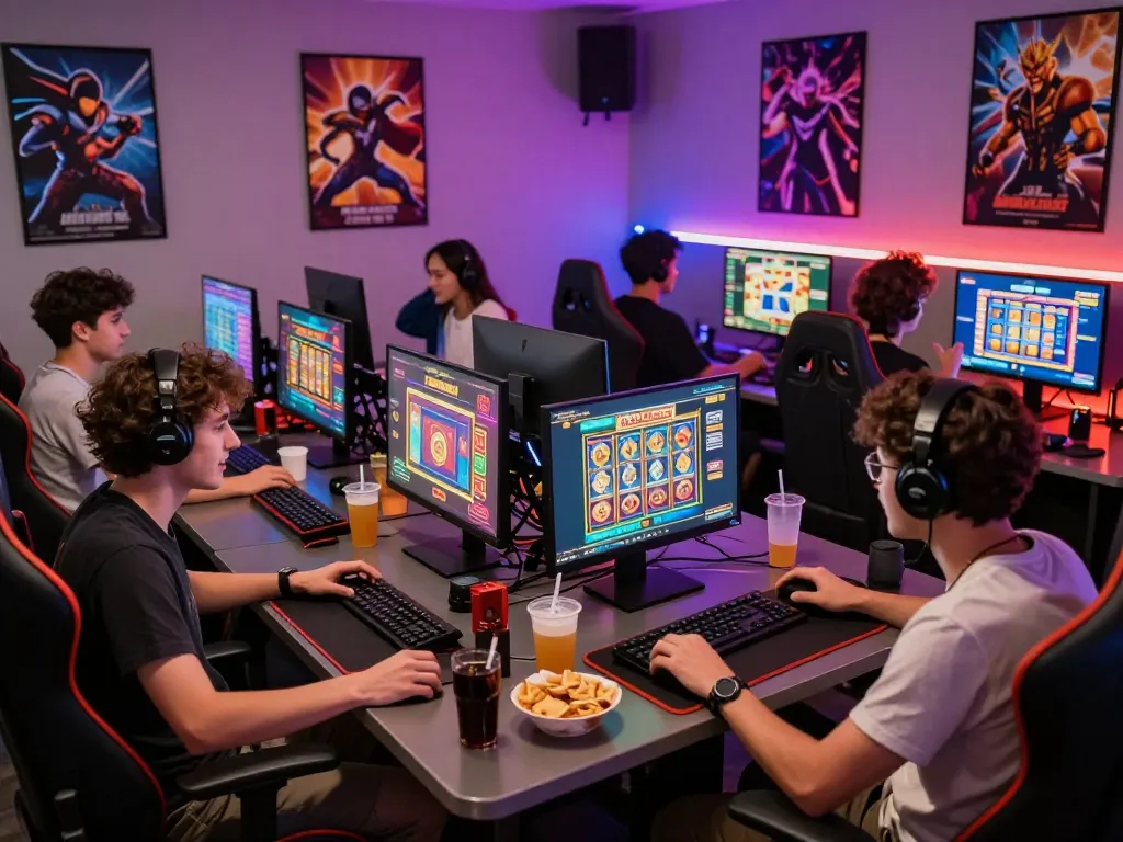 Players enjoying the excitement of sunwin online gaming environment with vibrant graphics and snacks.
