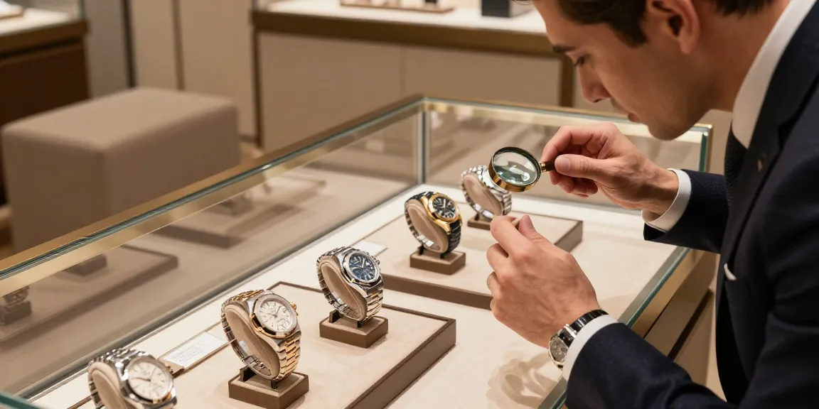 Super clone watches on display with a watch enthusiast examining details of luxury replicas in an elegant setting.