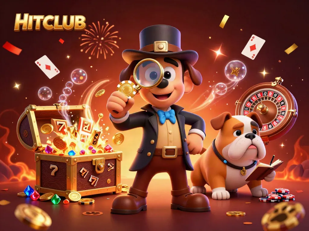 Engage with HITCLUB's thrilling casino adventure featuring a detective and his companion discovering treasures and slot games.