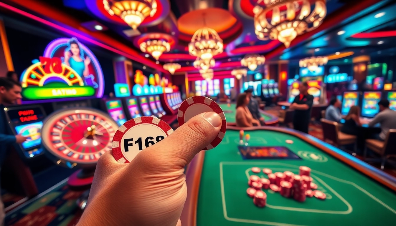 Excited players betting at F 168's luxurious casino tables and slots.