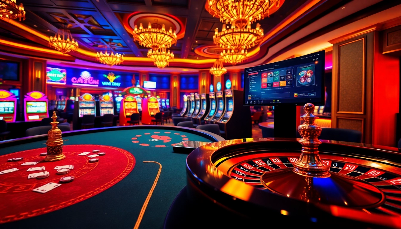 The excitement of gambling at vin7771.com with vibrant poker tables, roulette wheel, and slot machines.