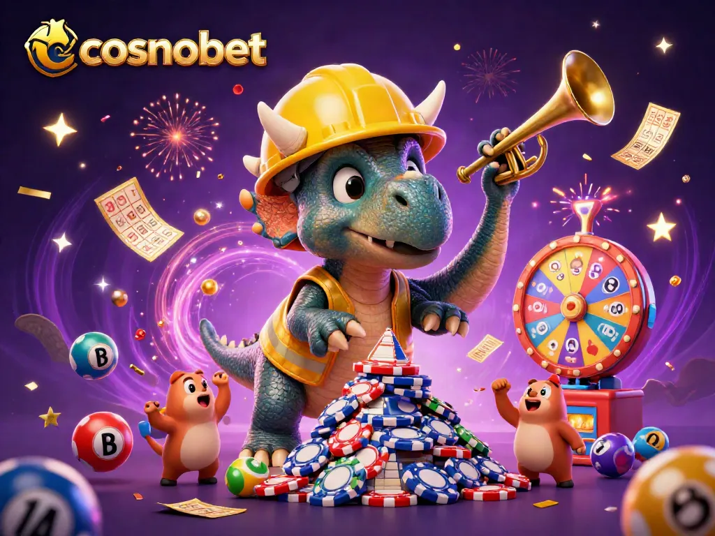 Join the excitement with cosmobet as a triceratops builds a poker chip pyramid amid a vibrant celebration.