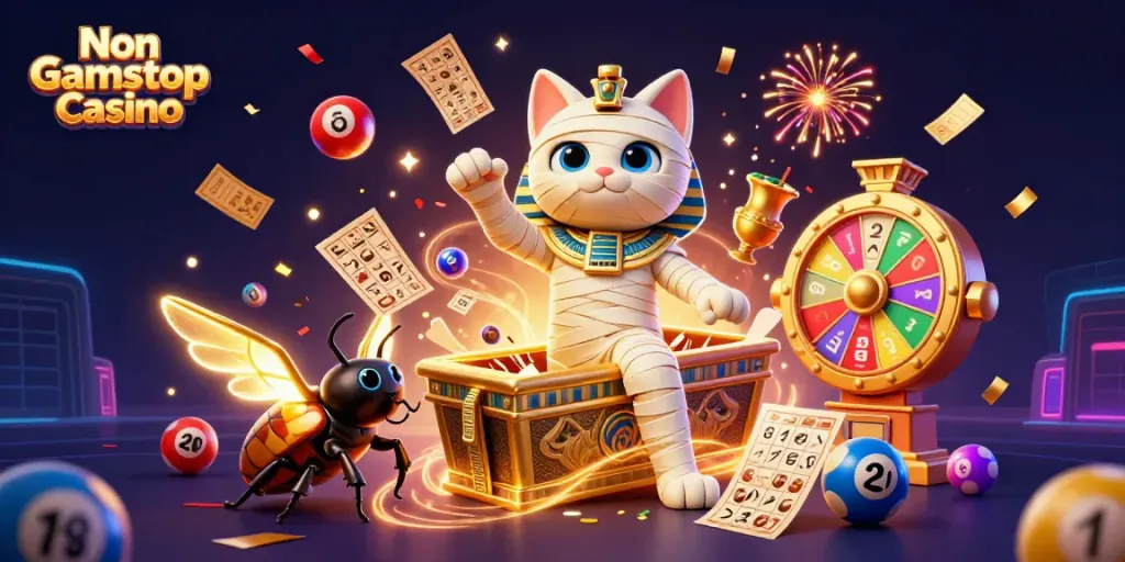 Engaging scene from a Non Gamstop Casino featuring an animated mummy cat and vibrant lottery elements.
