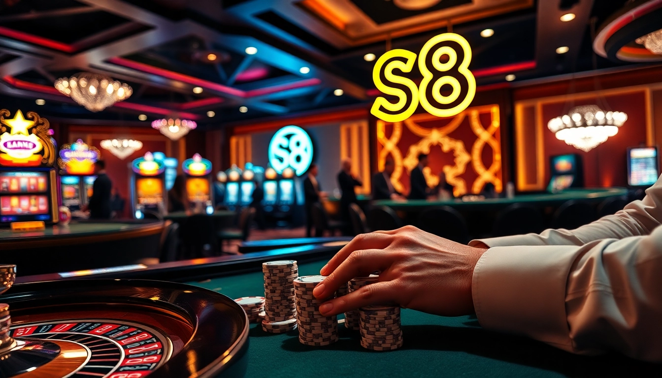 Experience the thrill of high-stakes play with S8 poker chips and roulette tables in a luxury casino.