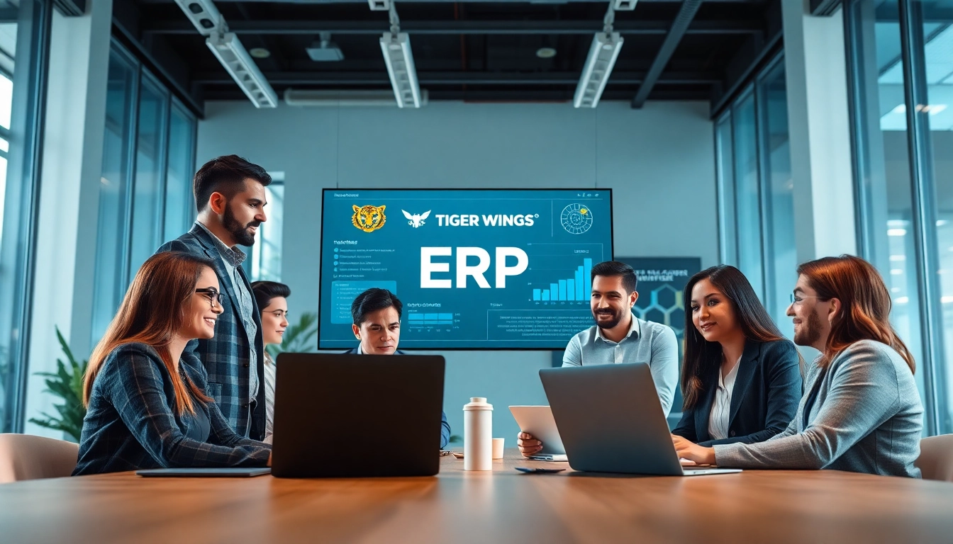 Business team collaborating on the Logo Tiger Wings ERP system in a modern office.