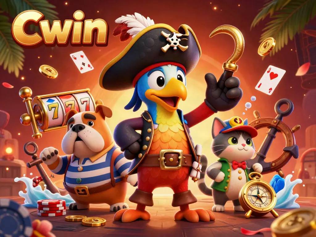 Cwin-themed pirate scene with characters celebrating around gambling elements like slot reels and poker chips.