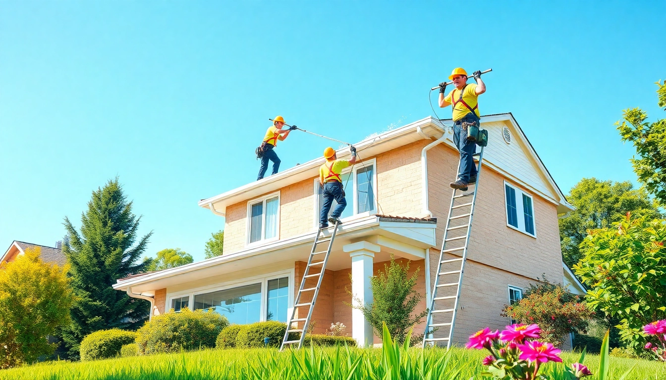 Professionals performing guttering cleaning on a two-story house, showcasing expertise and care.