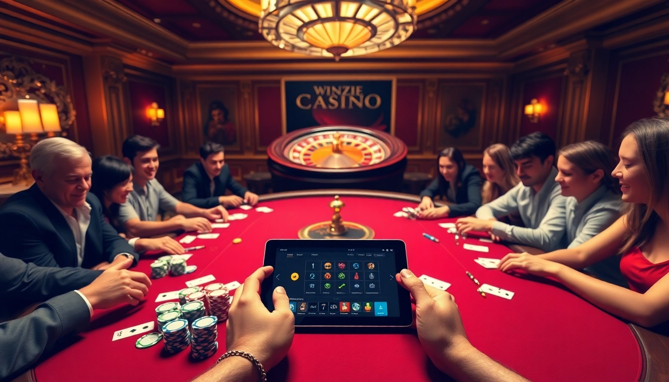 Experience the excitement of Winzie Casino at a vibrant poker table, with chips and cards ready for action.