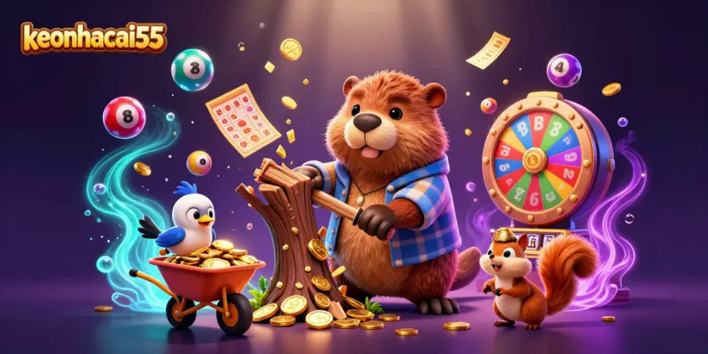 Win big with keonhacai55 as a cartoon beaver chops a coin-raining tree in this colorful casino scene