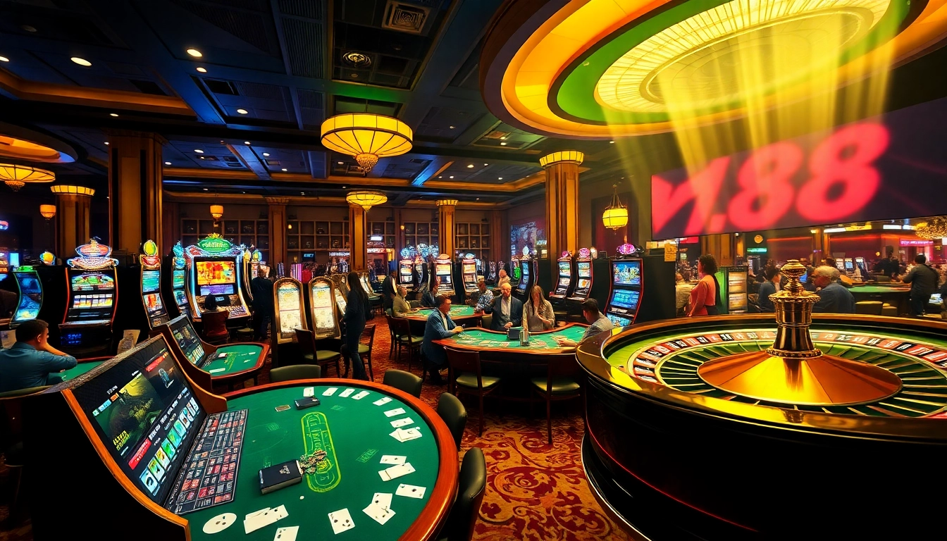 Players enjoying diverse casino games at https://rr888.video/ with vibrant slot machines and poker tables.
