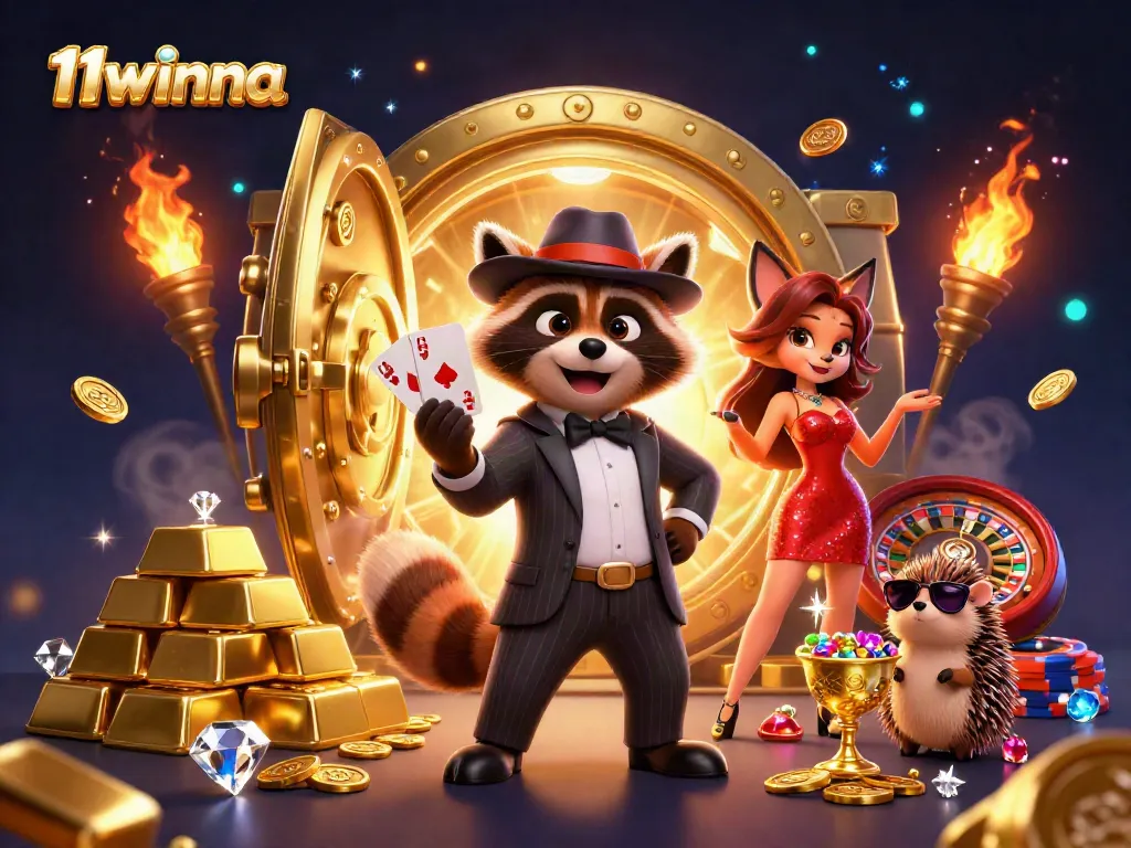 Win big with 11winna's exciting casino scene featuring characters and lavish casino elements.