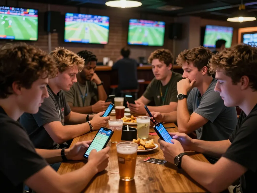 Friends engaged in online betting at nhà cái open88 in a lively sports bar, showcasing excitement and camaraderie.
