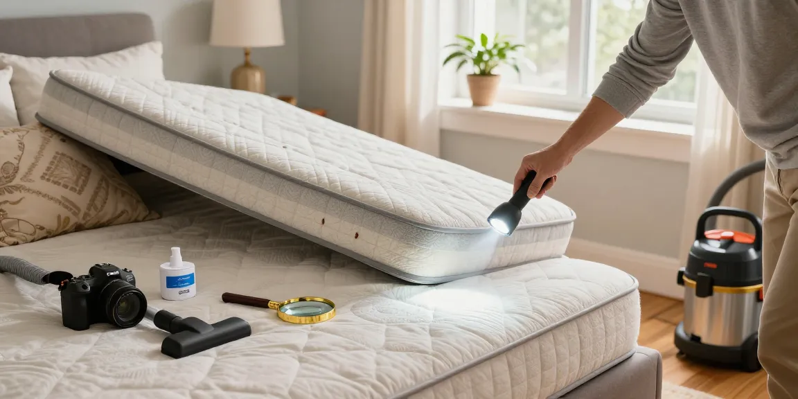Detailed inspection for bed bug pest control in a cozy bedroom with natural light