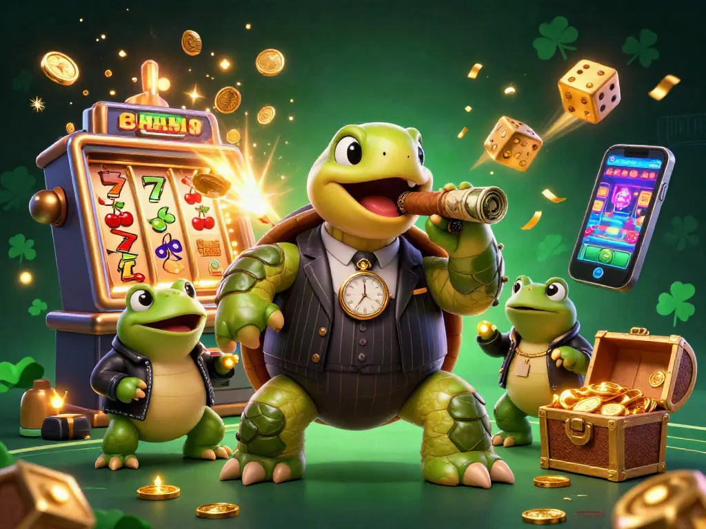 Engage with exciting casino fun at one888a featuring a playful snapping turtle and bullfrog enforcers in a vivid casino scene.