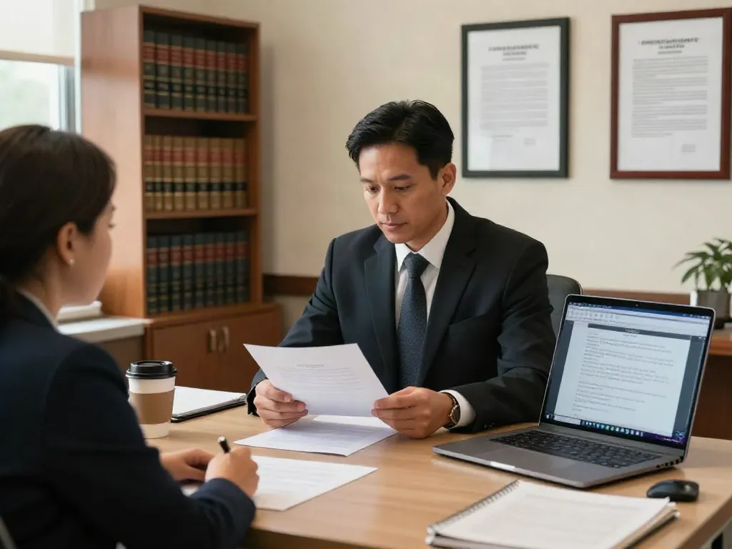 DUI lawyer Forsyth County consulting with a client in a modern office, showcasing professionalism and legal expertise.