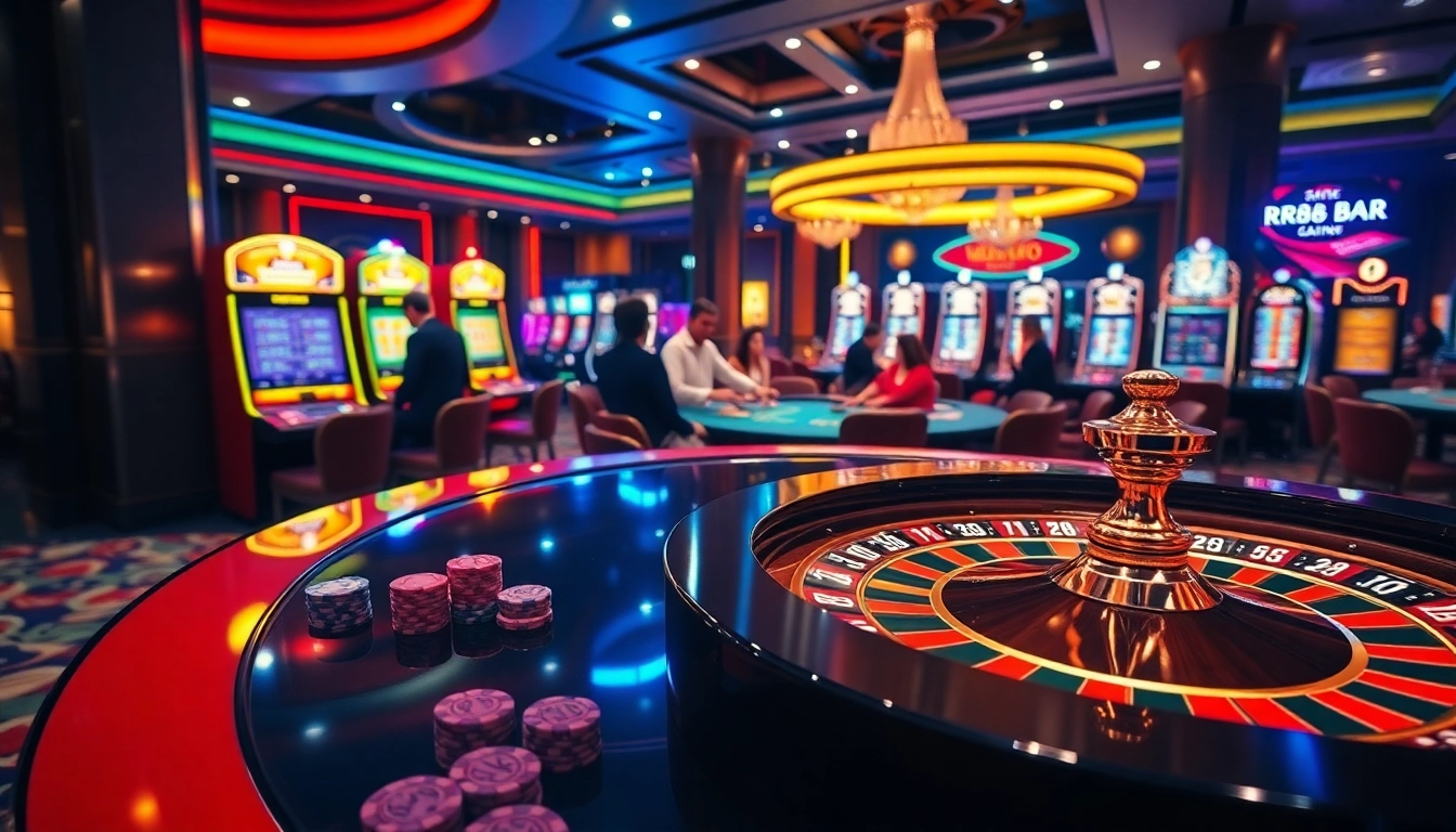 An exciting casino scene showcasing vibrant slot machines and poker gameplay at https://rr88.bar/ with players celebrating wins.