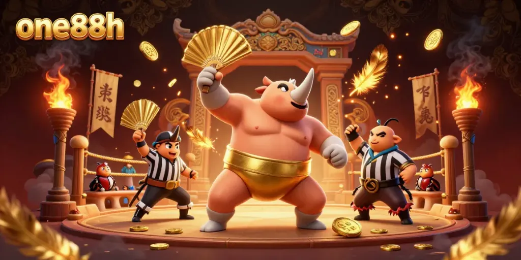 Experience thrilling action at one88h with a vibrant 3D sumo beetle champion and dynamic casino elements.