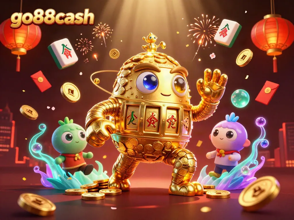Experience thrilling gameplay with go88cash, featuring a golden golem amid vibrant casino elements and exciting visuals.