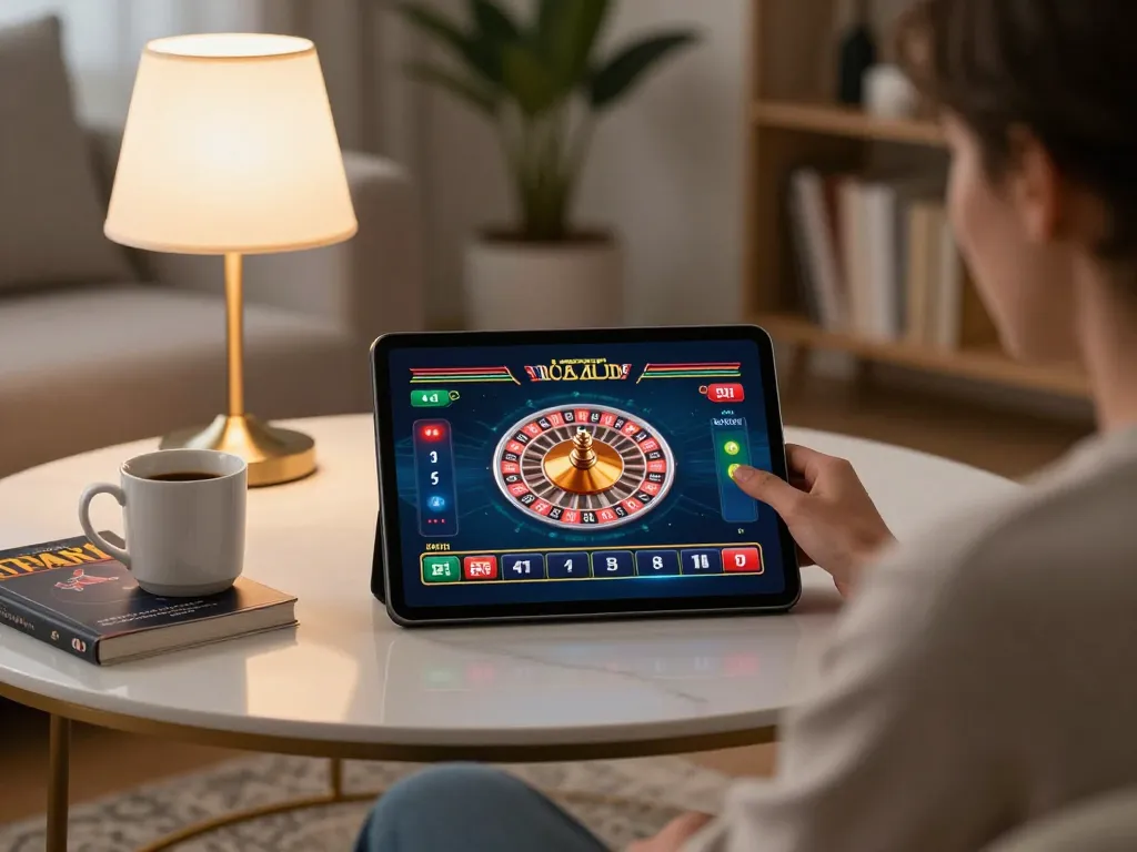 Player enjoying online roulette gameplay on MB66 tablet in a cozy home environment