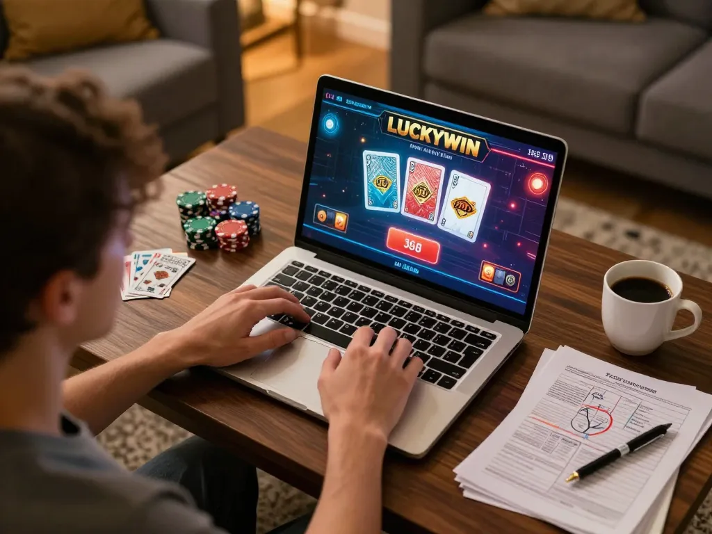 LUCKYWIN gaming session featuring a player engaged in online casino gameplay in a cozy setting