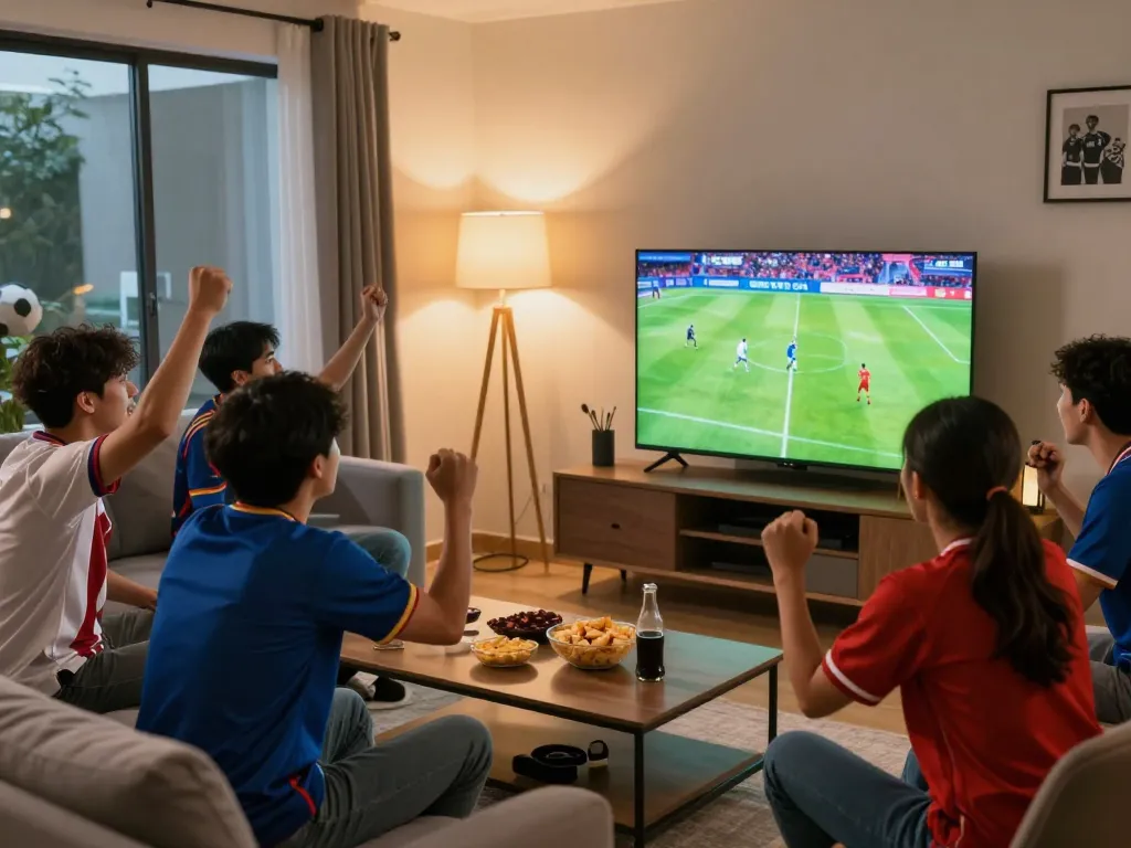 Fans enjoying Trực Tiếp Bóng Đá together, celebrating a football match in a lively living room.