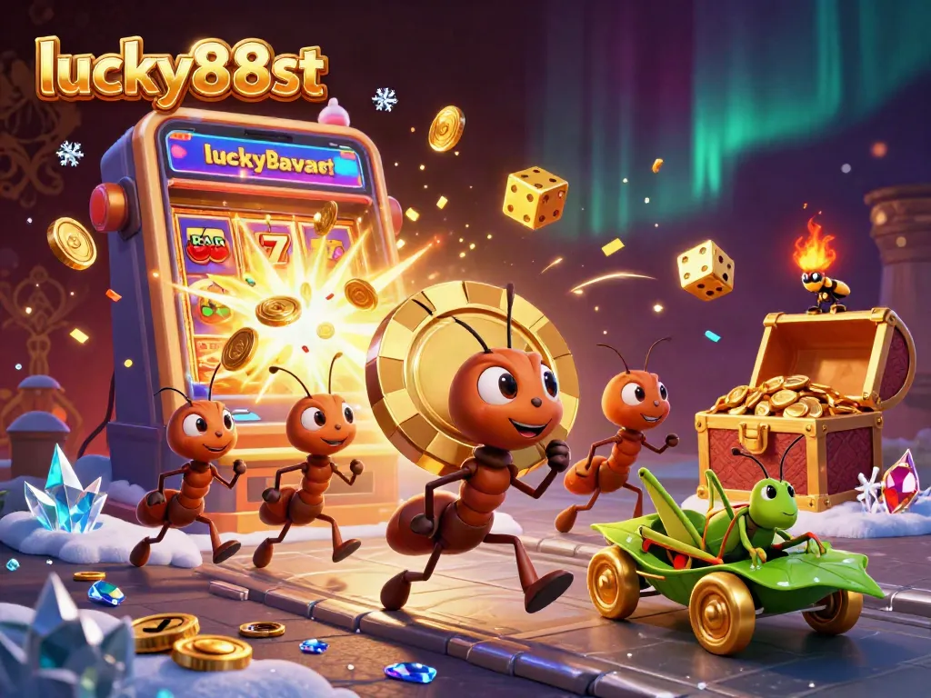 Experience the thrill of lucky88st's gaming world with animated ants carrying a giant poker chip.