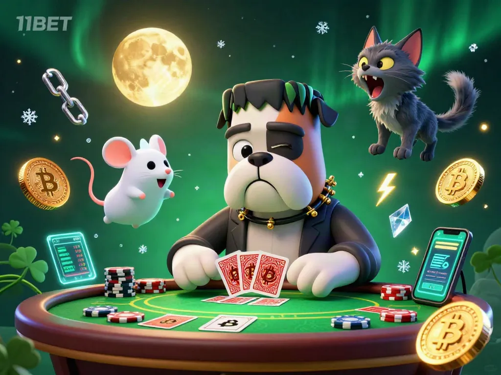 Join the lively action at 11BET as a Frankenstein bulldog dealer entertains with spooky games and crypto delights.