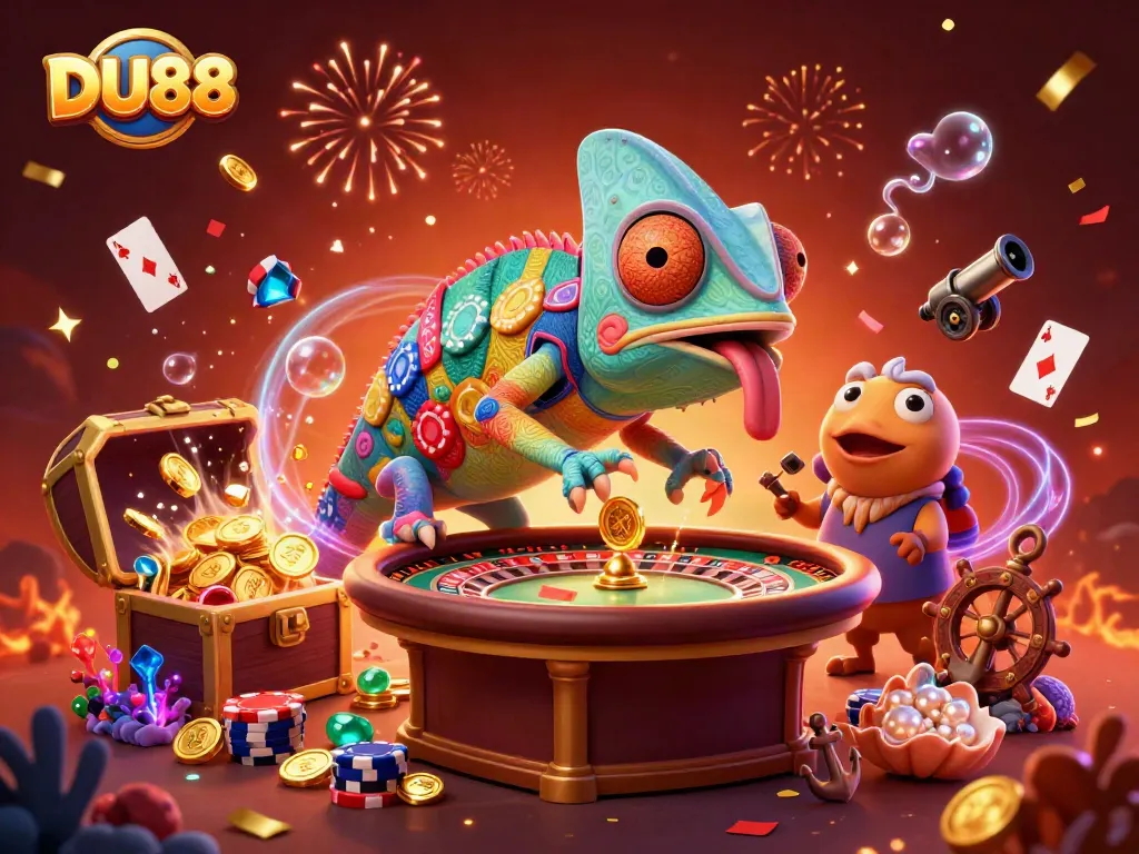 Experience excitement at DU88 with a colorful chameleon casino owner amidst gold coins and game elements.