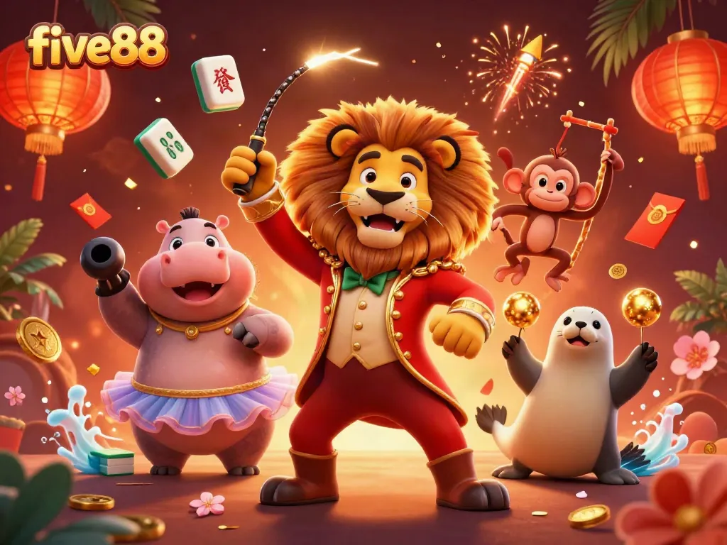 Experience thrilling wins at five88 with a colorful high-energy casino scene featuring dynamic characters and gaming elements