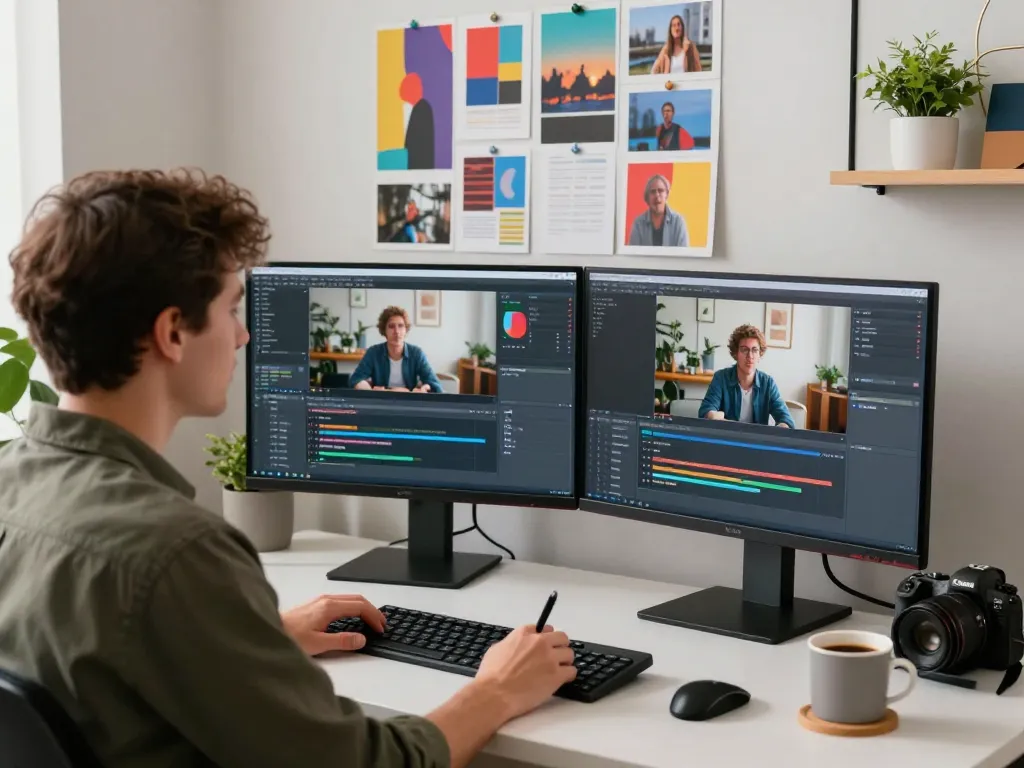 Content creator using a video to prompt ai tool in a modern digital studio.