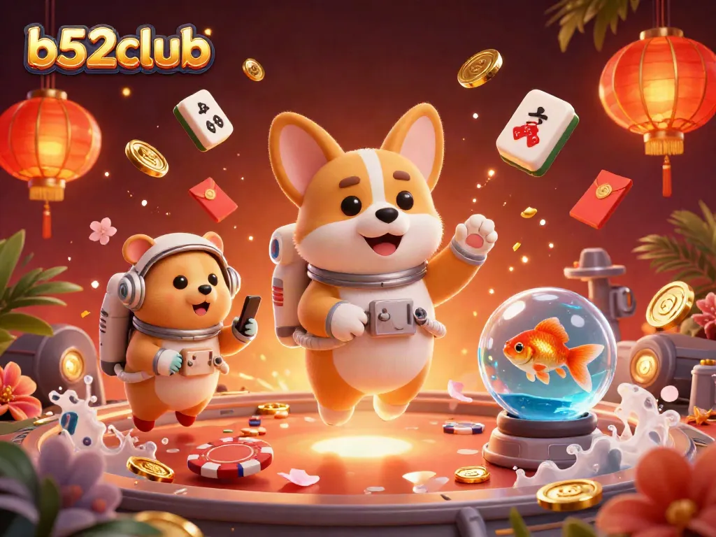 Experience the thrill of b52club with a vibrant space casino scene featuring playful characters.