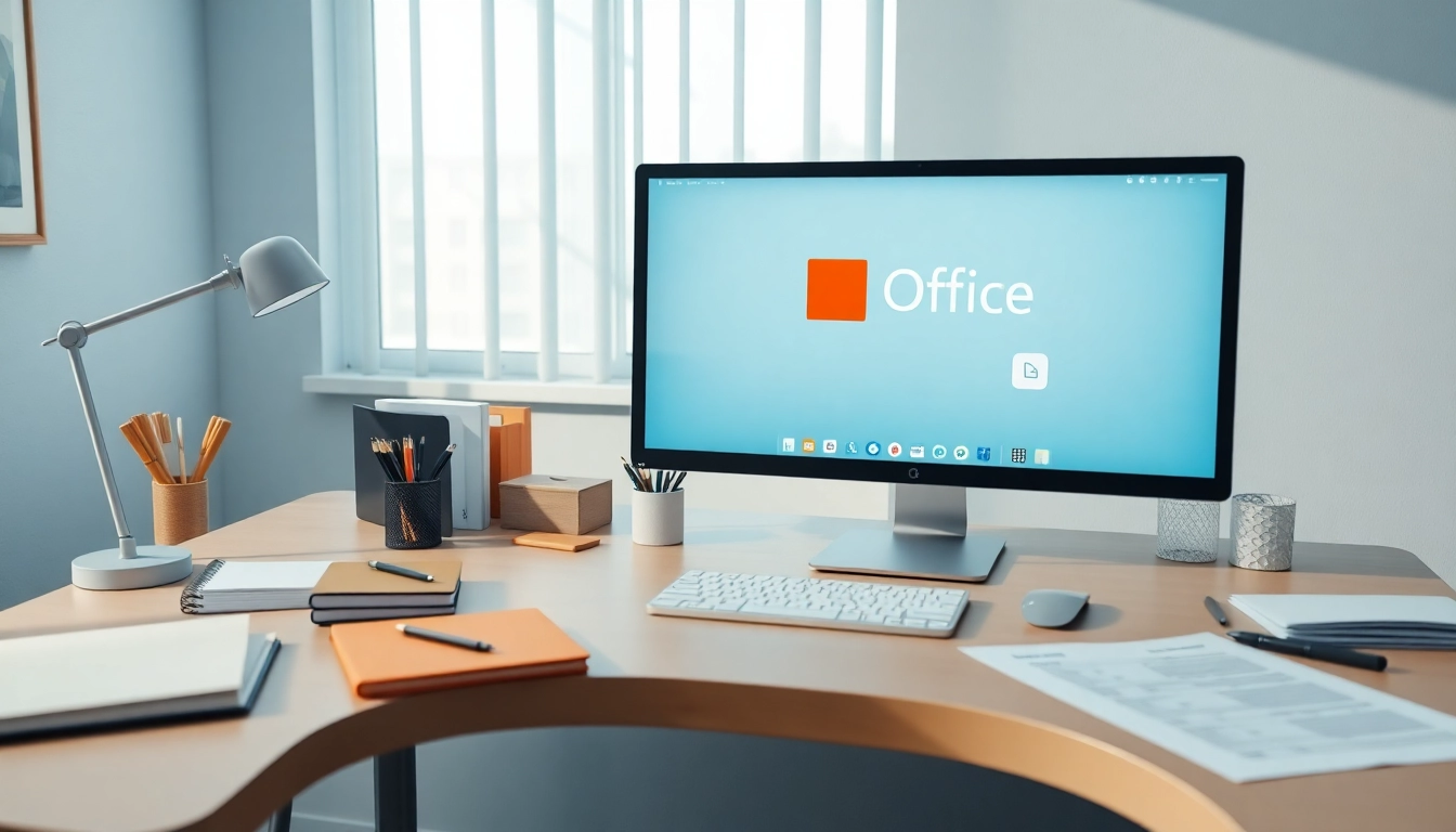 现代化办公工作区，屏幕上显示 WPS Office，桌面用品整齐有序